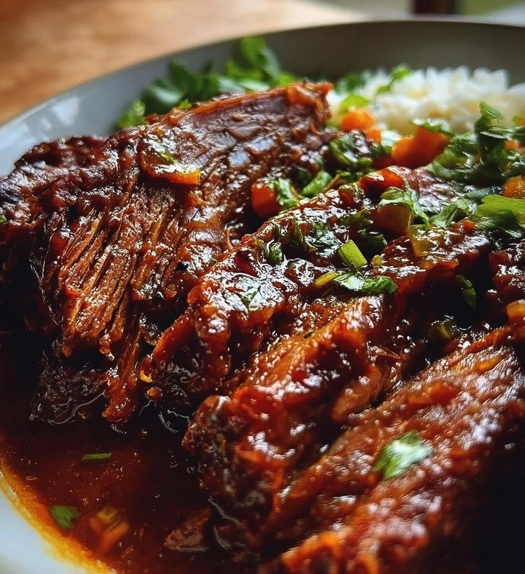 Delicious Korean style pot roast served with vegetables and rice