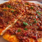 Freshly baked Lahmacun topped with minced meat and spices on a wooden board.