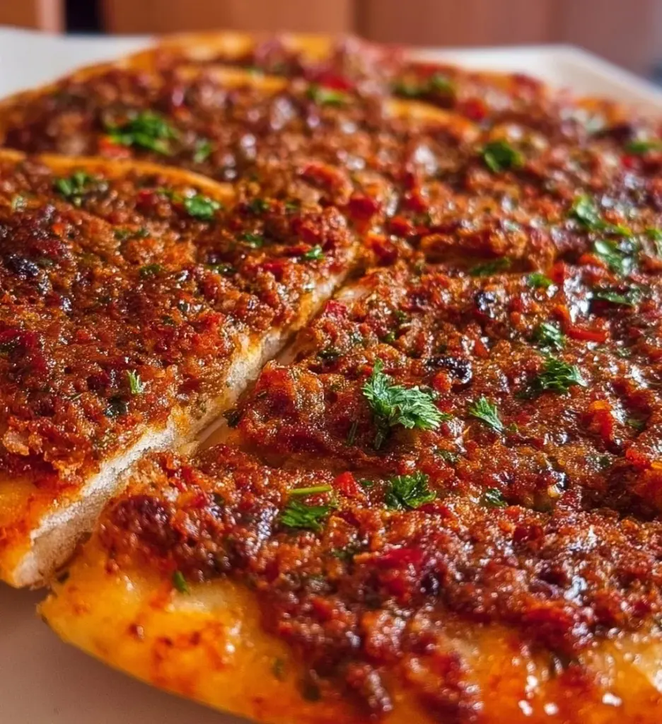 Freshly baked Lahmacun topped with minced meat and spices on a wooden board.