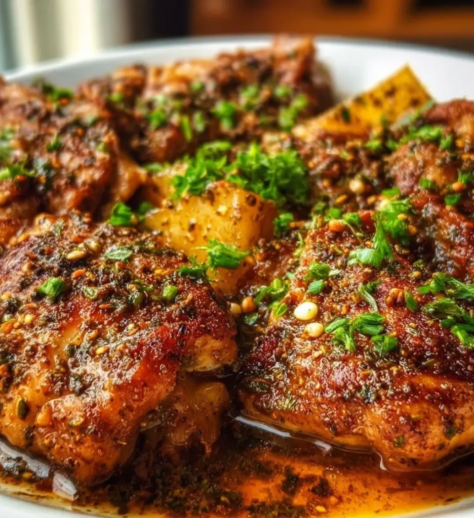 Plate of vibrant Lebanese Lemon Zaatar Chicken garnished with herbs
