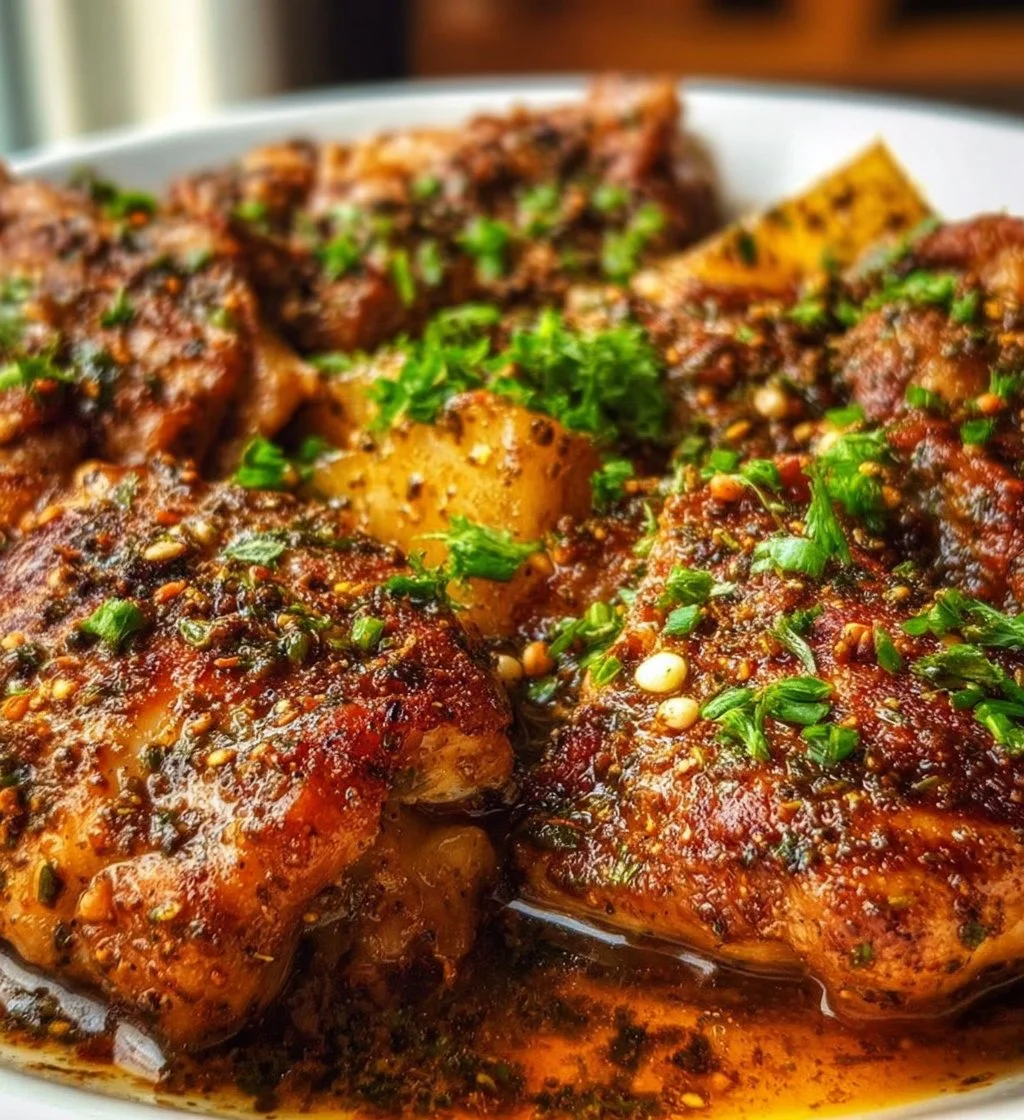 Plate of vibrant Lebanese Lemon Zaatar Chicken garnished with herbs