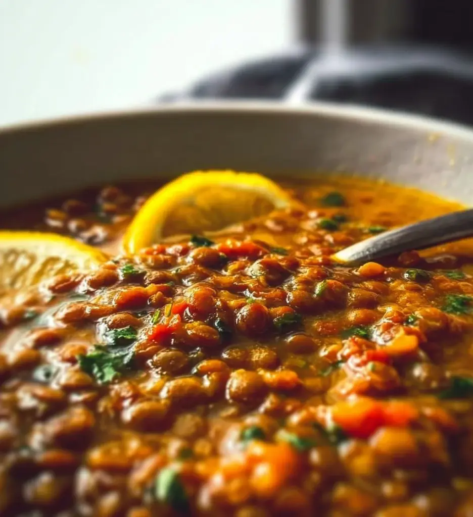 Bowl of Lebanese Lentil Soup garnished with herbs and spices