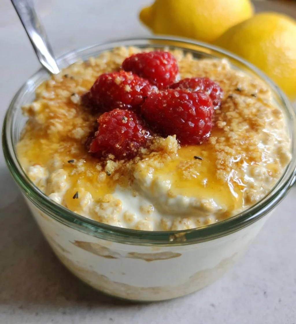 Lemon Cheesecake Overnight Oats in a glass topped with lemon zest and berries