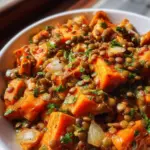 Colorful Lentil Sweet Potato Salad with fresh vegetables and herbs