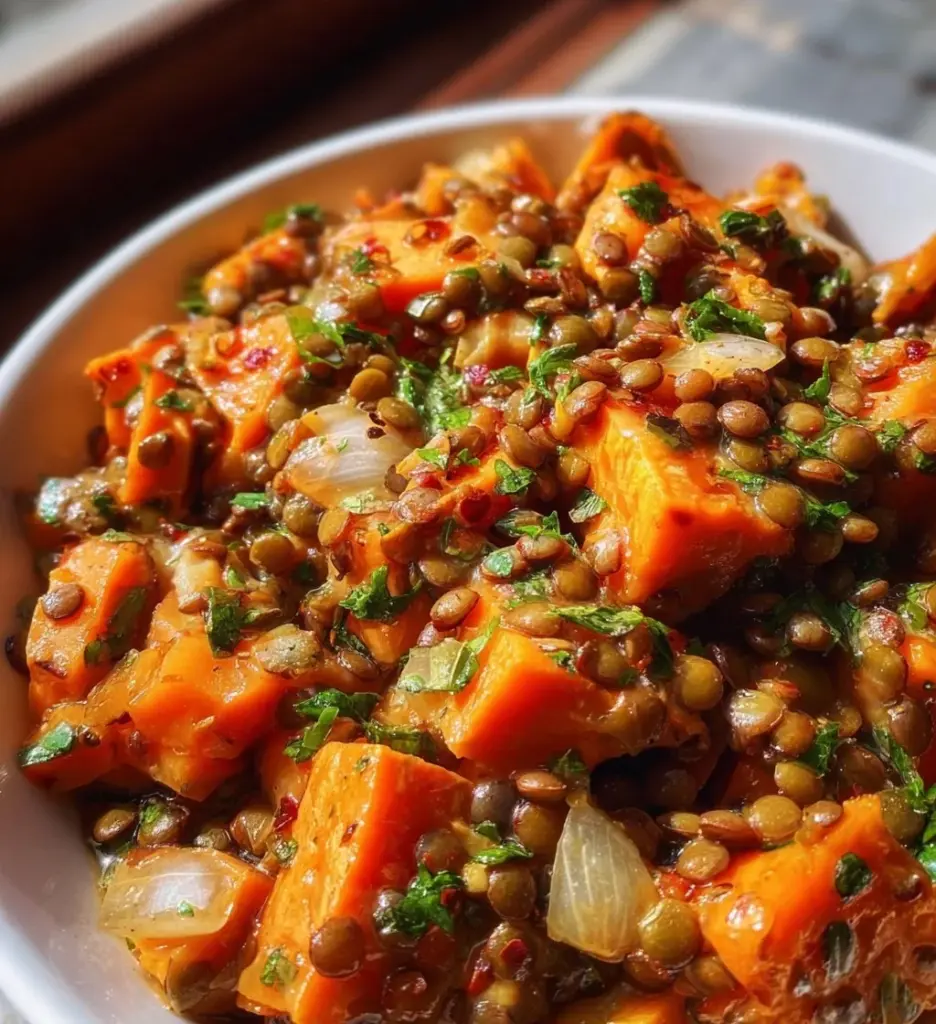 Colorful Lentil Sweet Potato Salad with fresh vegetables and herbs