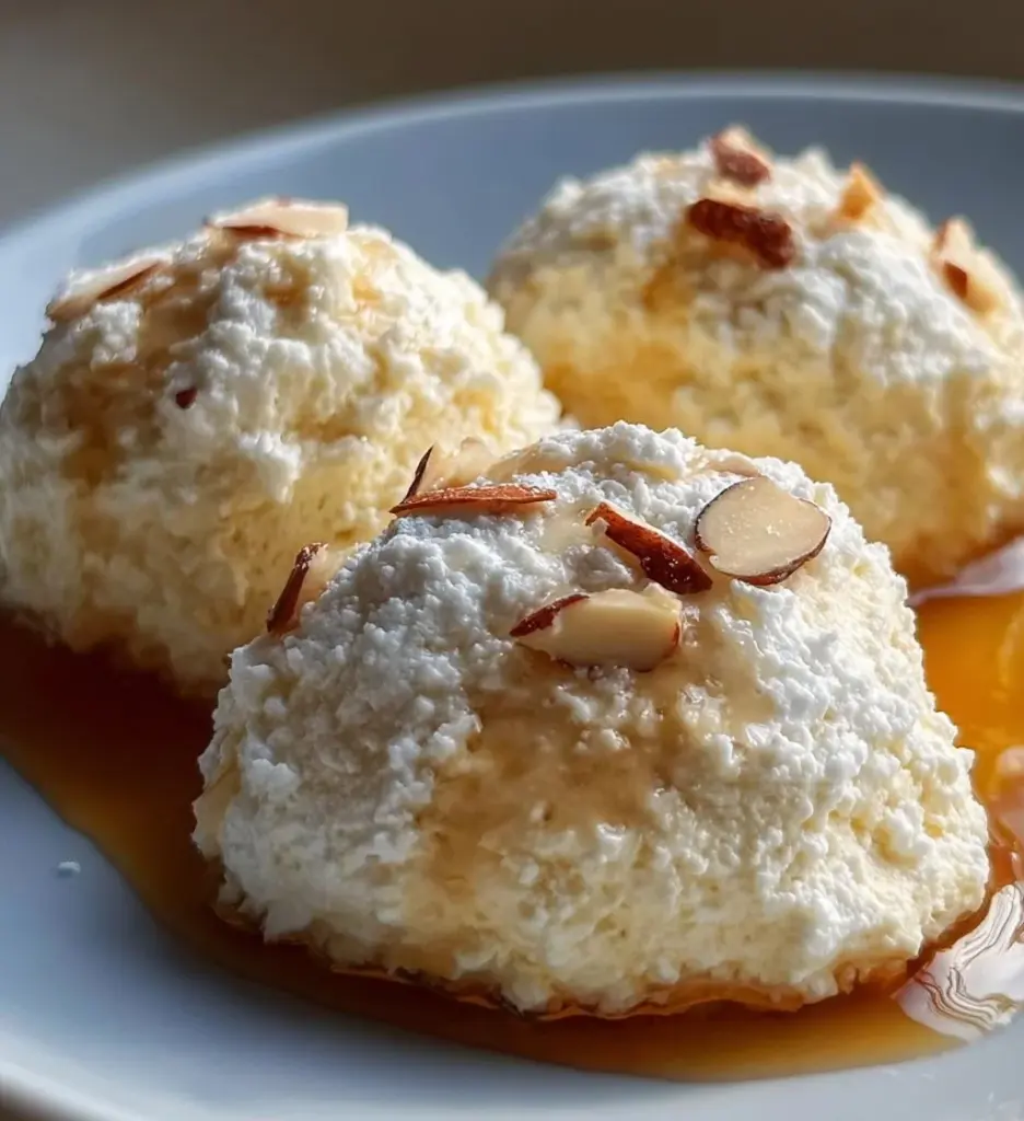 Light and fluffy ricotta almond pillows on a serving plate