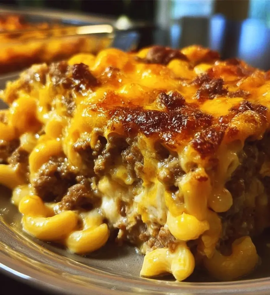 Mac and Cheese Meatloaf Casserole topped with cheese and breadcrumbs, served warm.