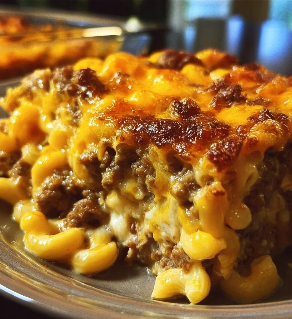 Mac and Cheese Meatloaf Casserole topped with cheese and breadcrumbs, served warm.