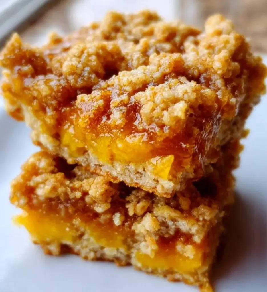 Delicious mango oatmeal crumble bars topped with oats and mango slices