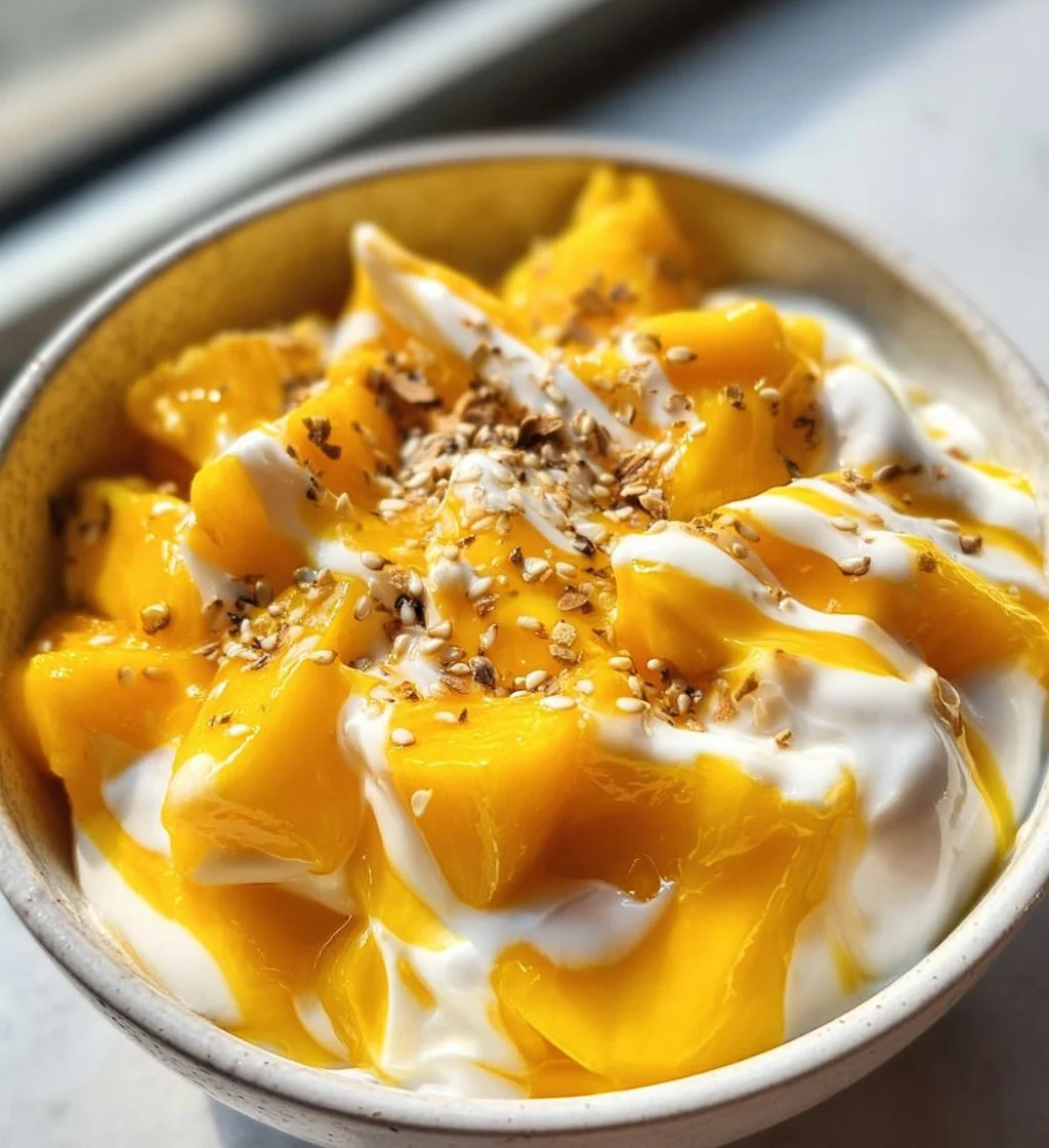 Healthy Mango Yogurt Bowl topped with fresh fruit and granola