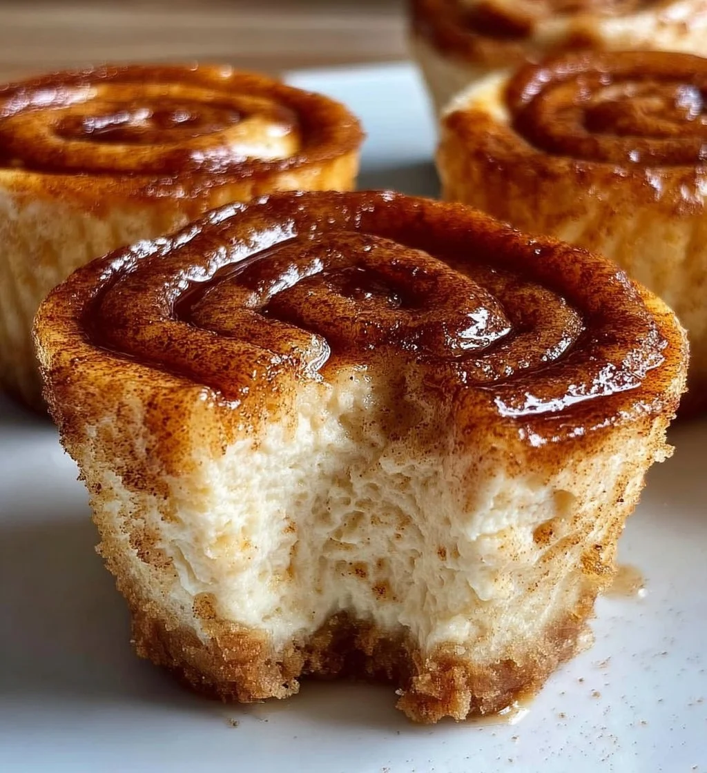 Mini Cinnamon Roll Cheesecakes topped with cinnamon and cream cheese frosting