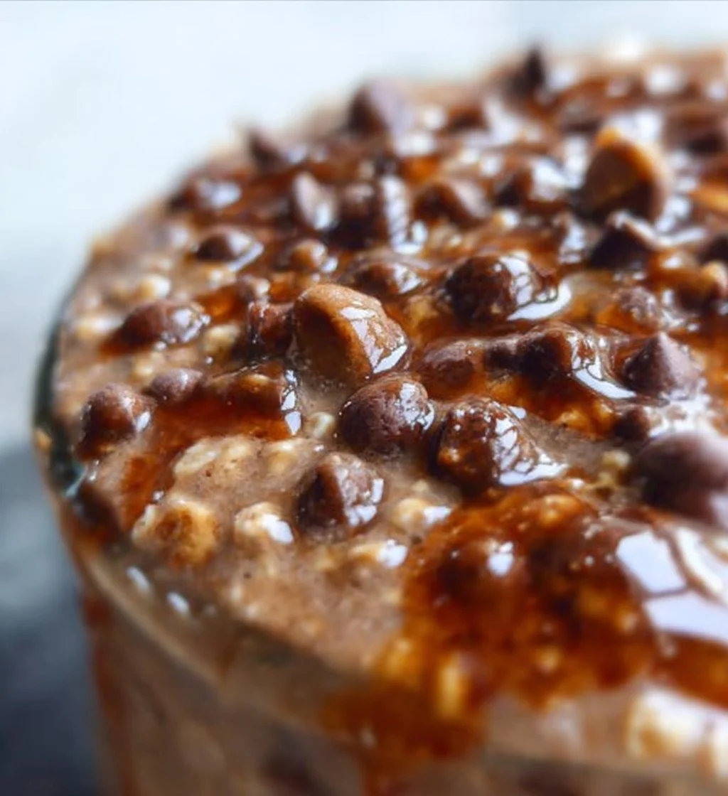 Bowl of mocha overnight oats topped with chocolate and coffee beans