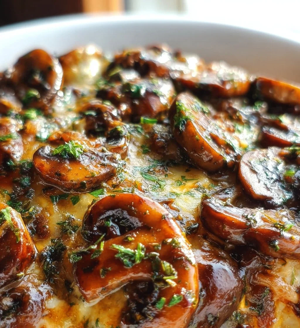 Delicious mushroom casserole served in a rustic dish