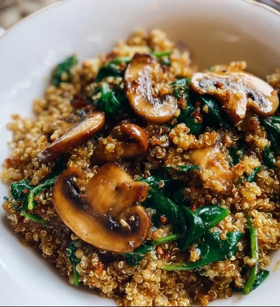 Delicious Mushroom Spinach Quinoa bowl topped with fresh herbs and spices.
