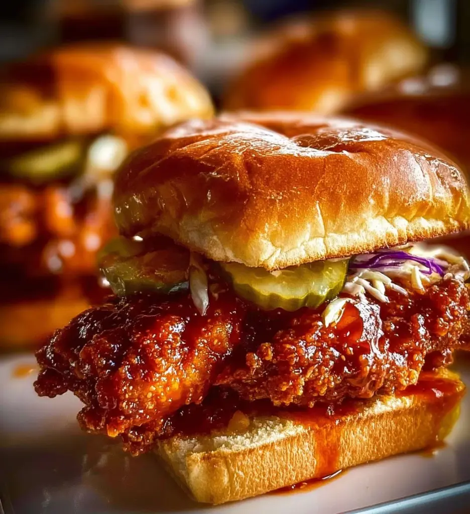 Delicious Nashville hot chicken sandwich with spicy chicken and toppings