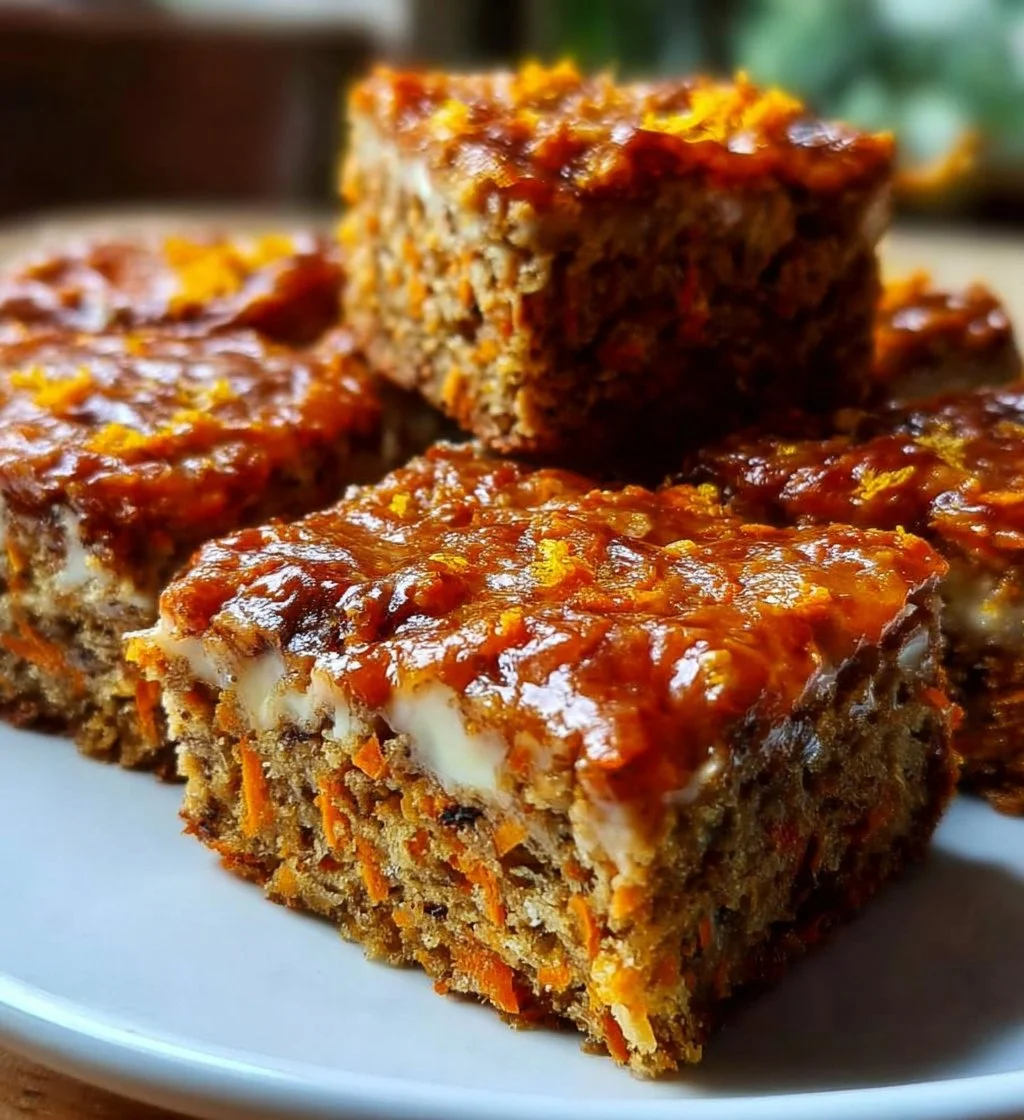 No sugar cottage cheese carrot cake bars topped with fresh carrots and cream