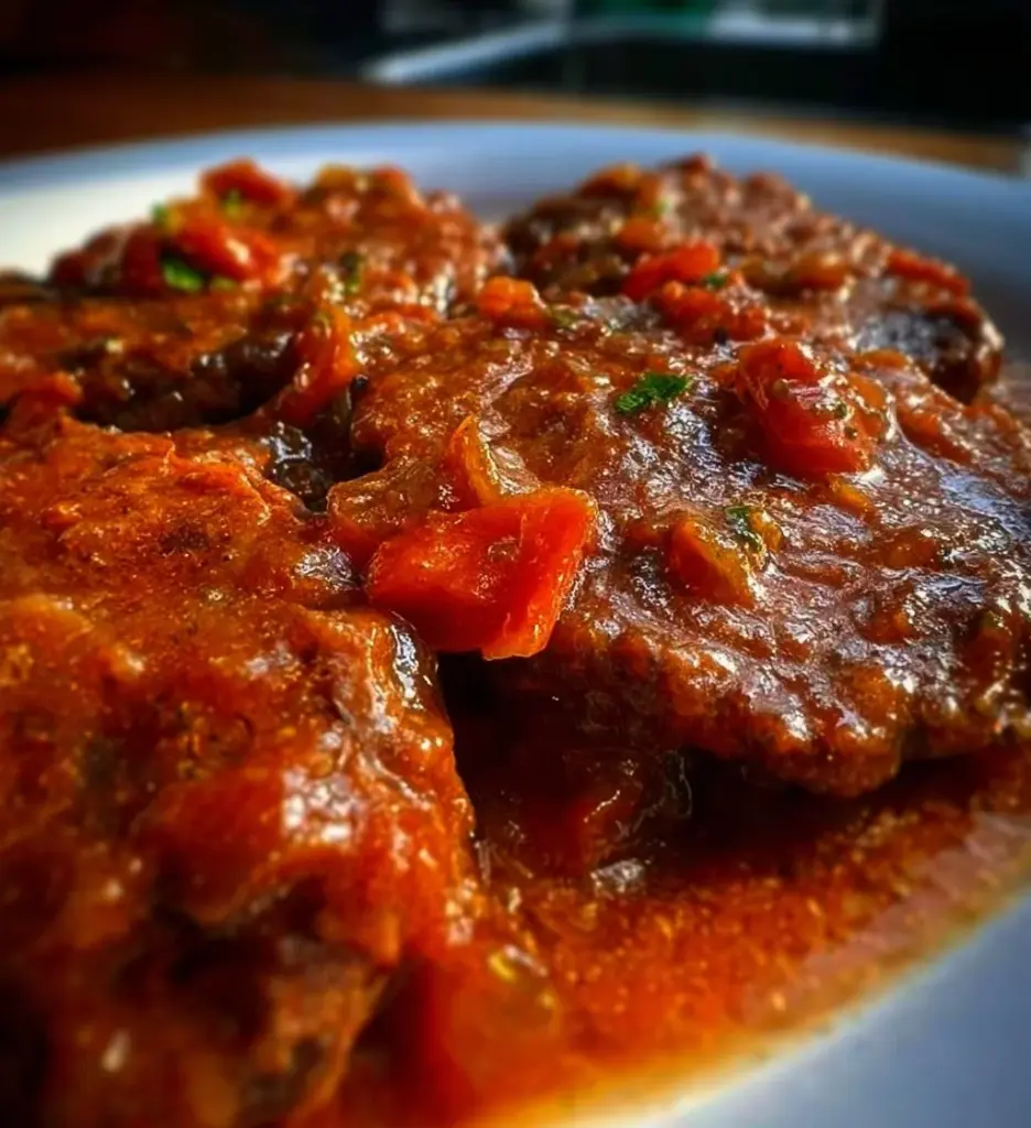 Delicious old-fashioned Swiss steak served with rich gravy and fresh vegetables.
