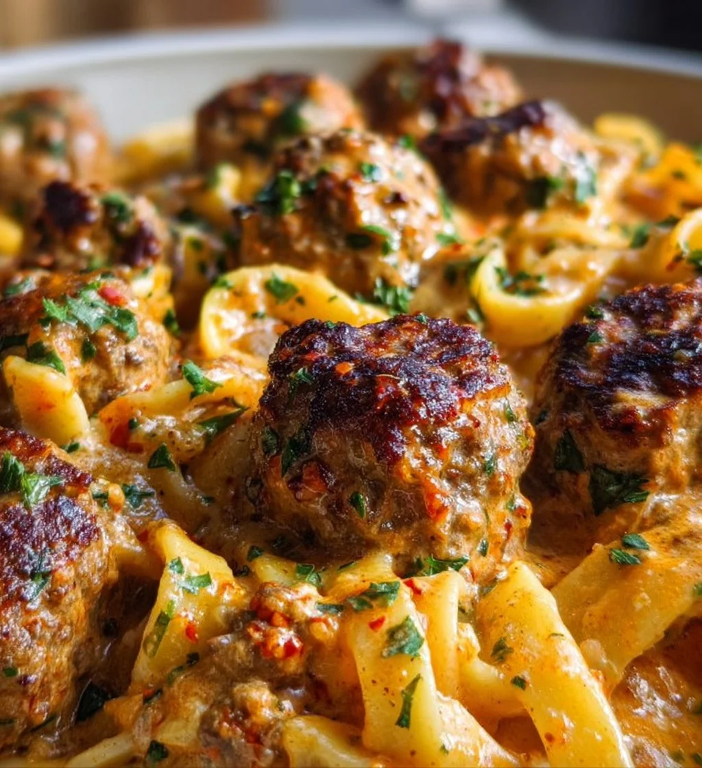 One Pot Creamy Cajun Beef Meatball Pasta bowl with herbs on top