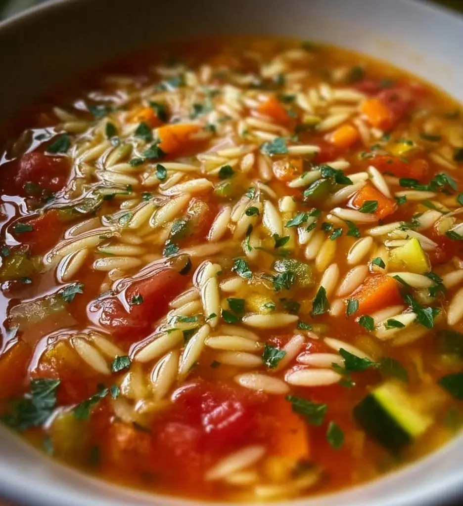 Bowl of Orzo Vegetable Soup with colorful vegetables