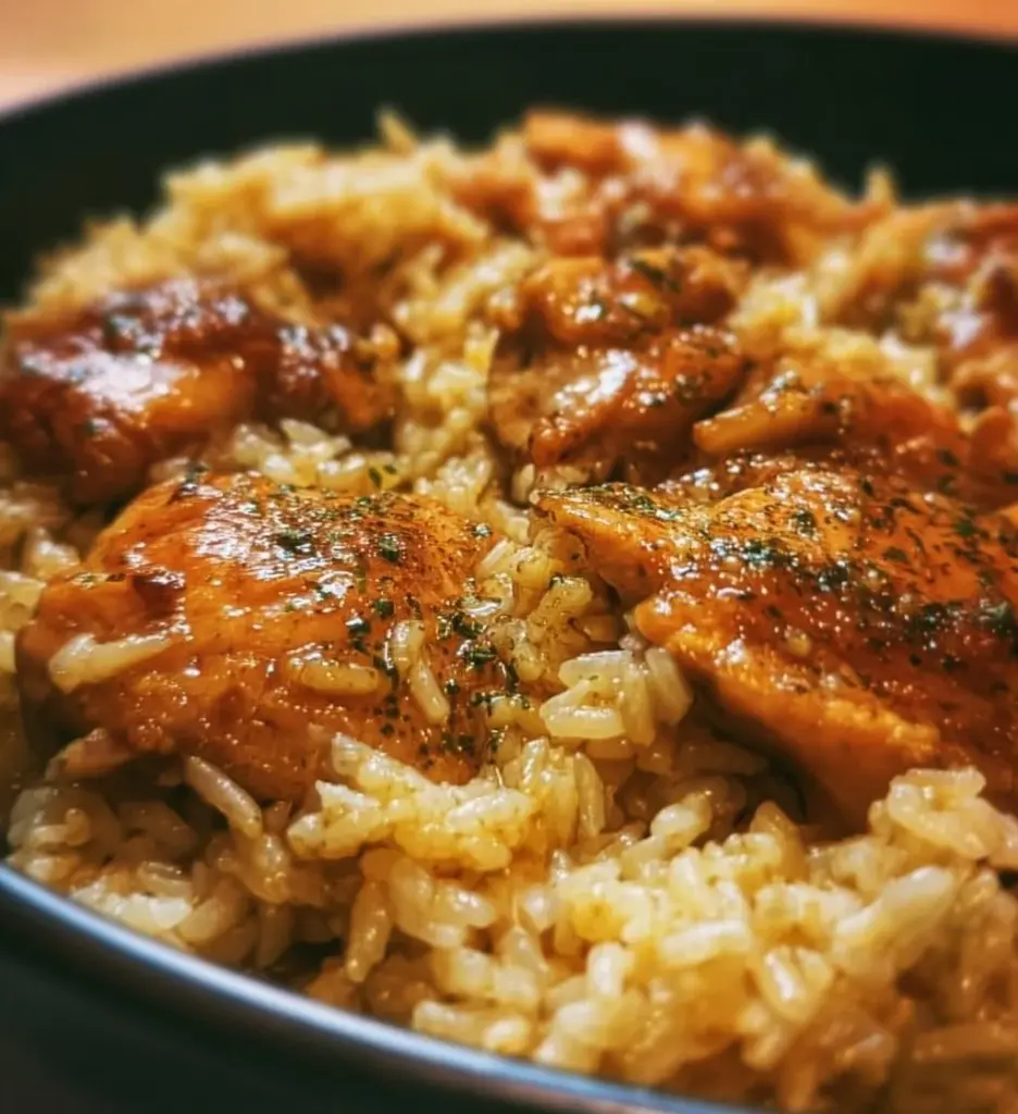 Plate of oven-baked chicken served with rice and fresh herbs