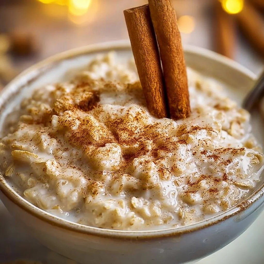 Bowl of creamy overnight oats with almond milk and toppings