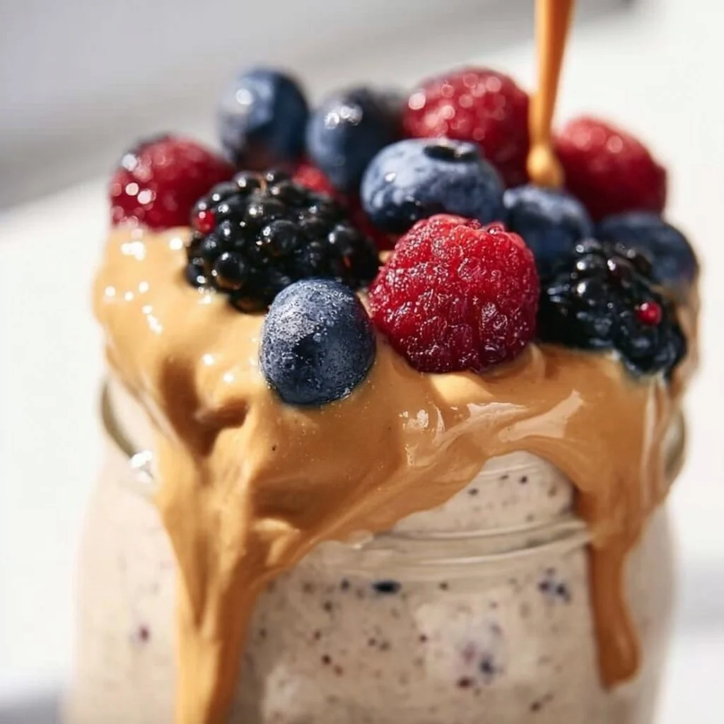 Bowl of Paleo Overnight Oats topped with fresh fruits and nuts