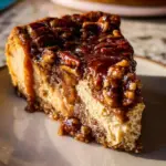 A delicious pecan pie cheesecake topped with caramel and pecans on a creamy base.