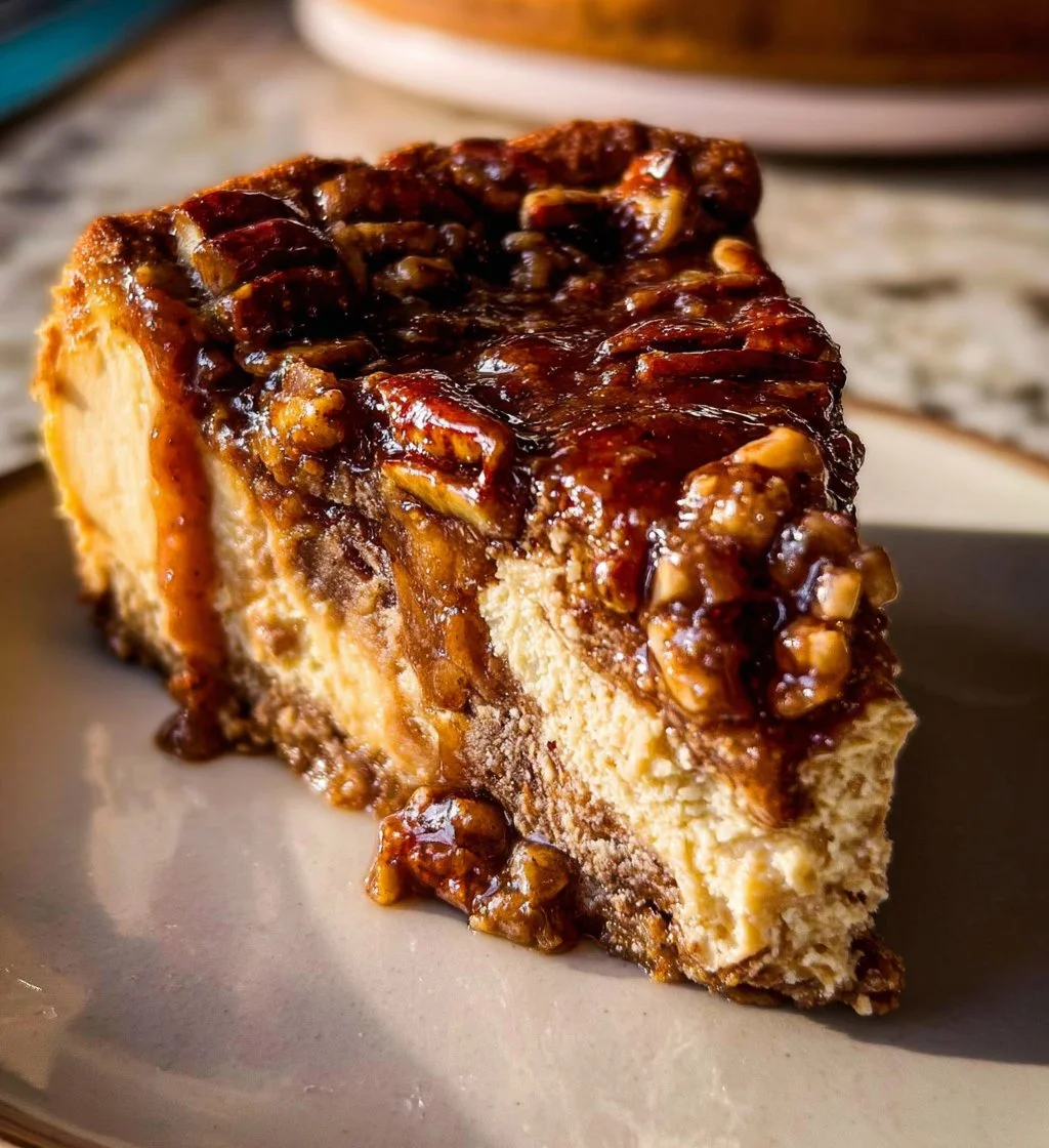 A delicious pecan pie cheesecake topped with caramel and pecans on a creamy base.