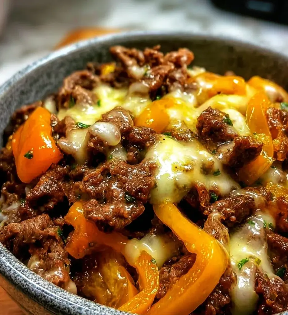 Philly Cheesesteak Bowls topped with onions and peppers