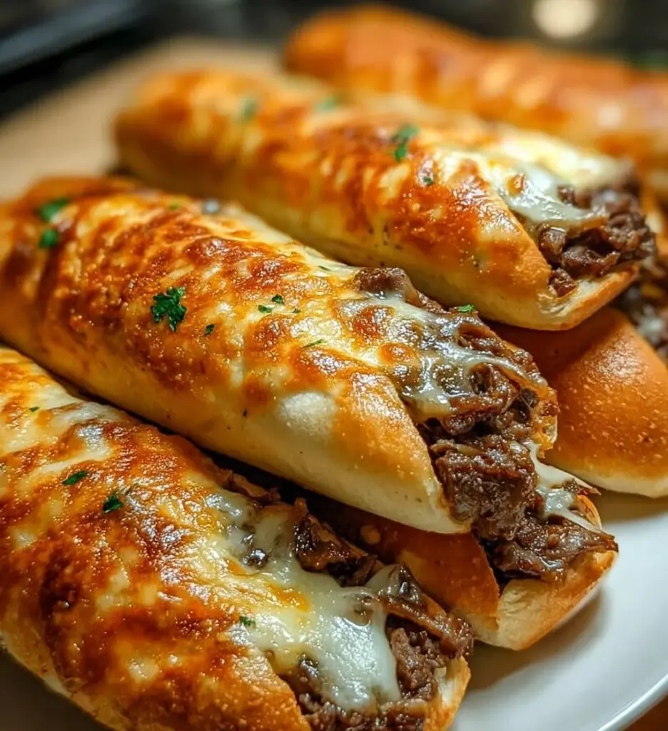 Philly cheesesteak breadsticks ready to enjoy on a plate.