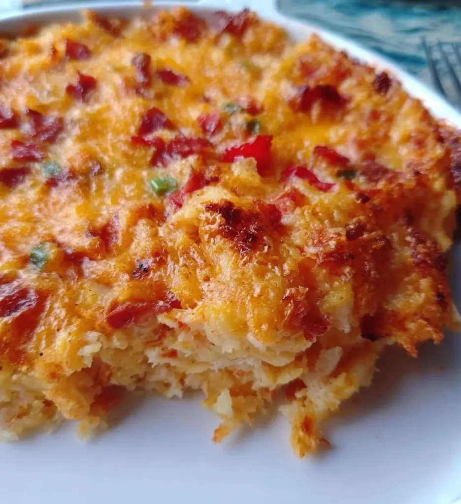 Pimento cheese hash brown casserole baked to perfection with creamy cheese