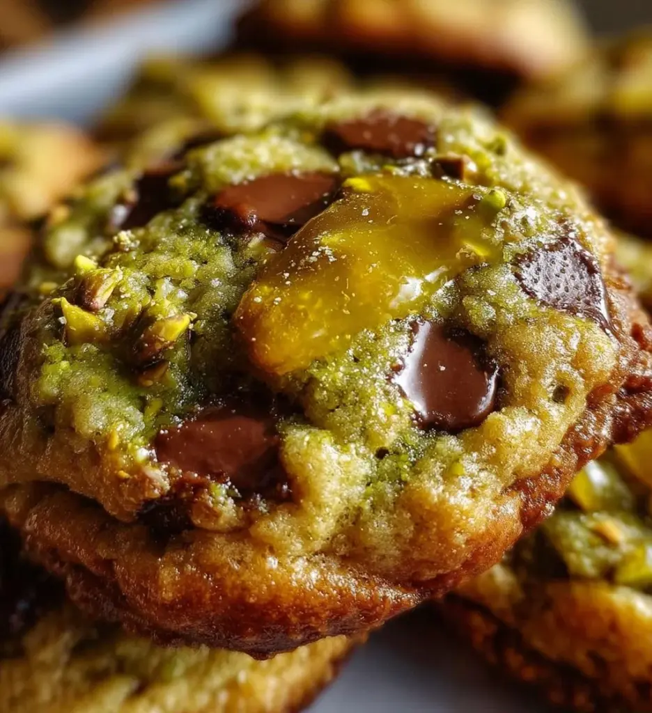 Freshly baked Pistachio Cream Cookies topped with creamy icing and nuts
