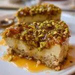 Slice of delicious pistachio crumble cake with crumbs and nuts on top
