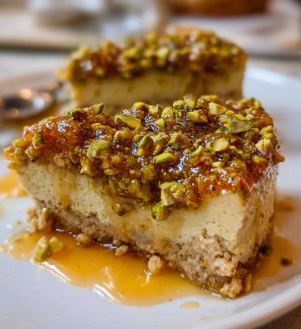 Slice of delicious pistachio crumble cake with crumbs and nuts on top