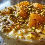 Bowl of Pistachio Orange Blossom Overnight Oats topped with pistachios and orange zest