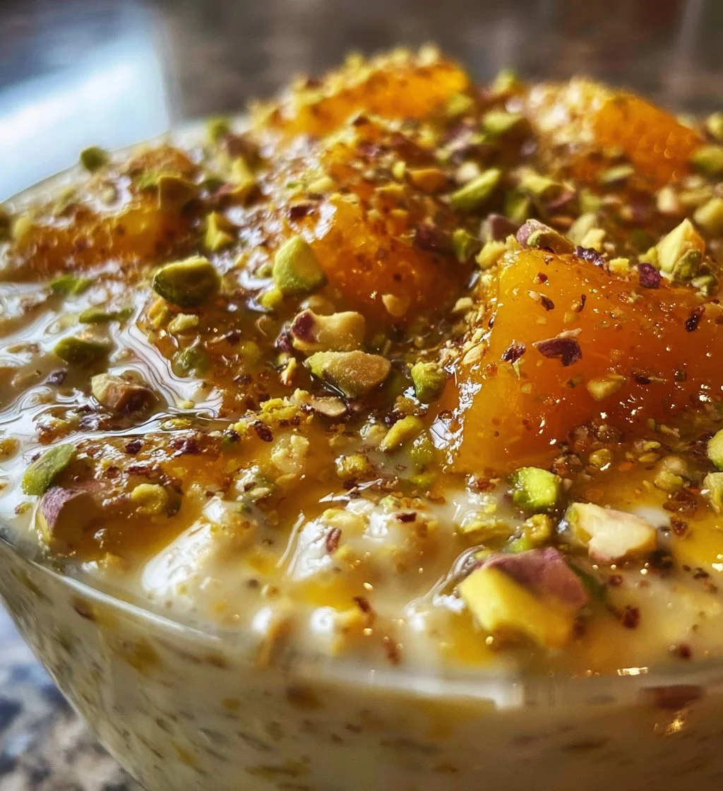 Bowl of Pistachio Orange Blossom Overnight Oats topped with pistachios and orange zest