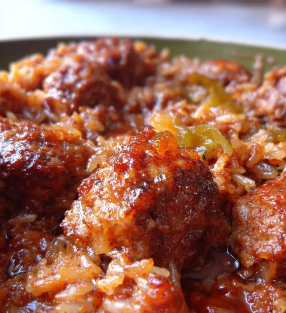 Delicious porcupine casserole served in a baking dish with toppings.