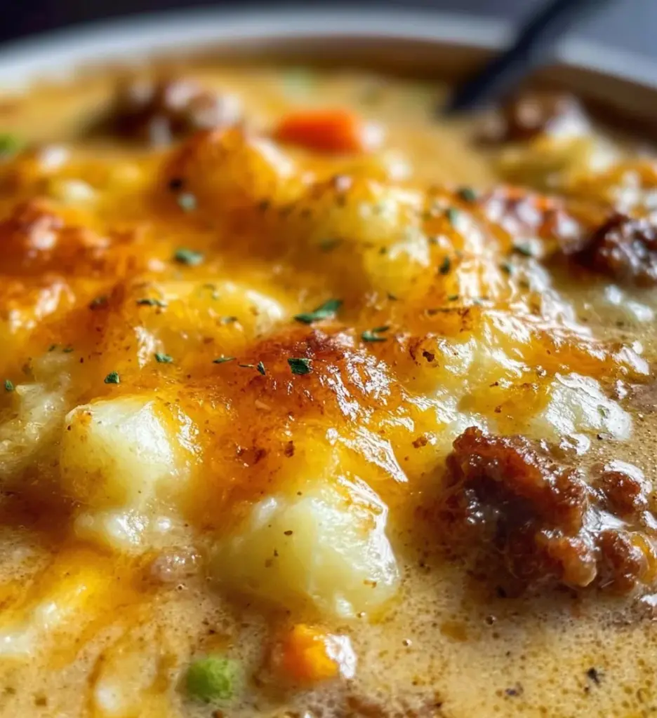 A bowl of protein-packed shepherd's pie soup garnished with herbs.