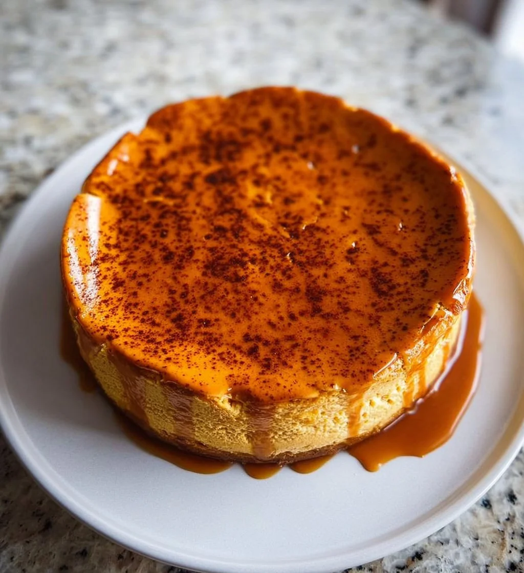 Slice of Pumpkin Cottage Cheese Cheesecake on a plate with autumn decorations