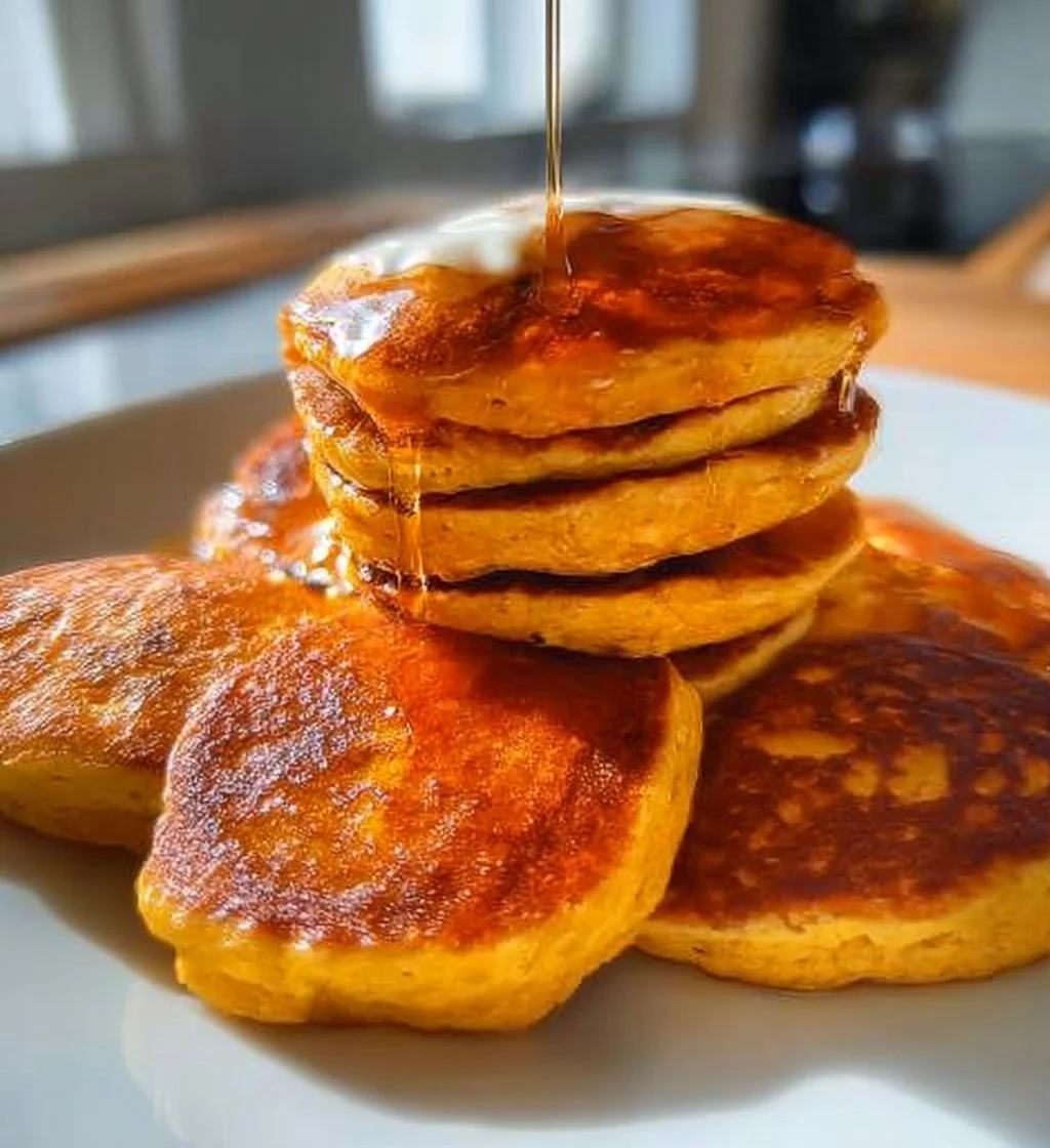 Delicious pumpkin cottage cheese pancakes topped with maple syrup