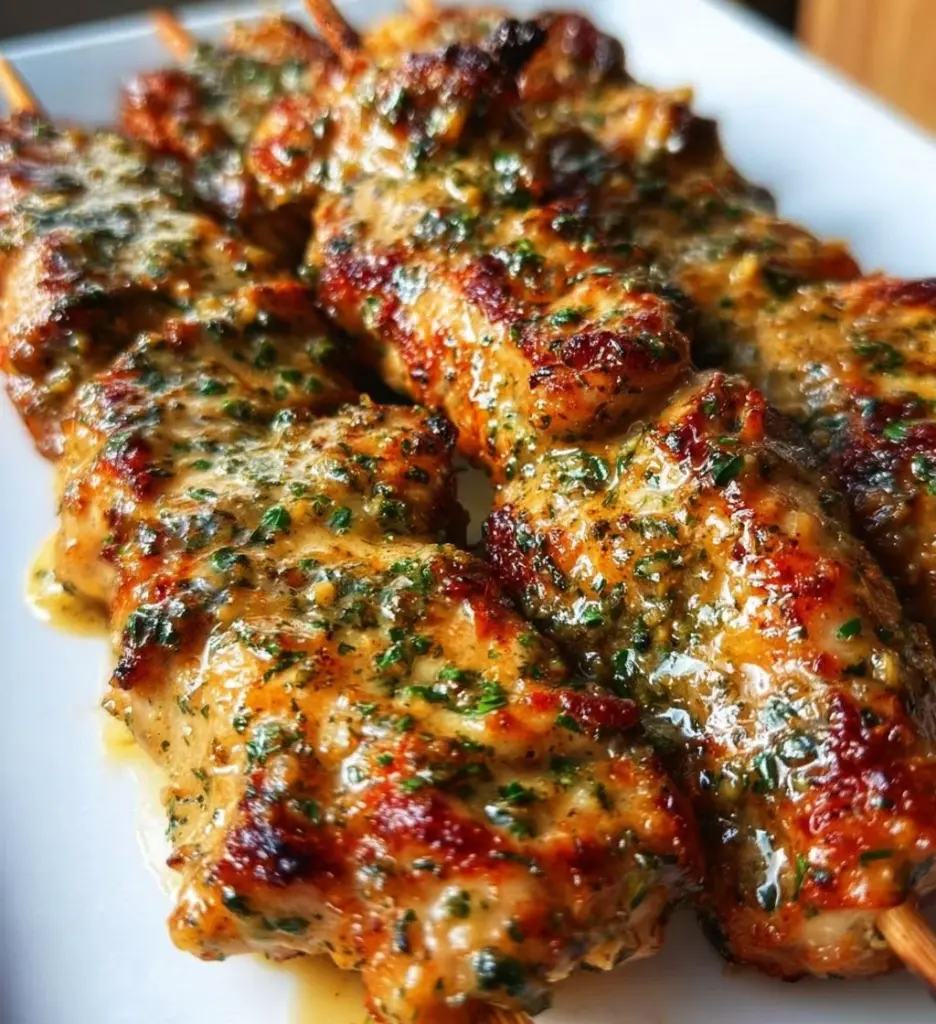 Ranch Garlic Parmesan Chicken Skewers ready to serve on a platter