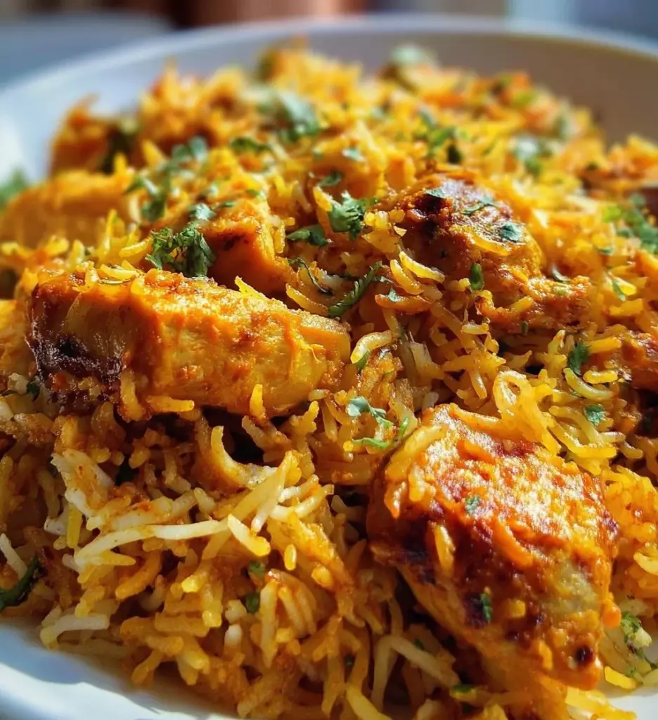 Delicious plate of rich butter chicken biryani garnished with herbs