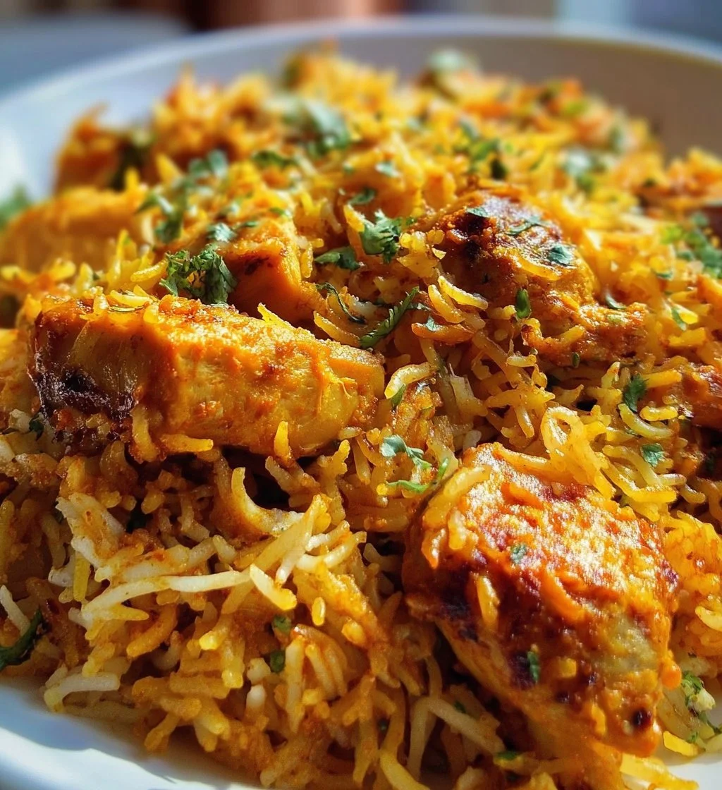 Delicious plate of rich butter chicken biryani garnished with herbs