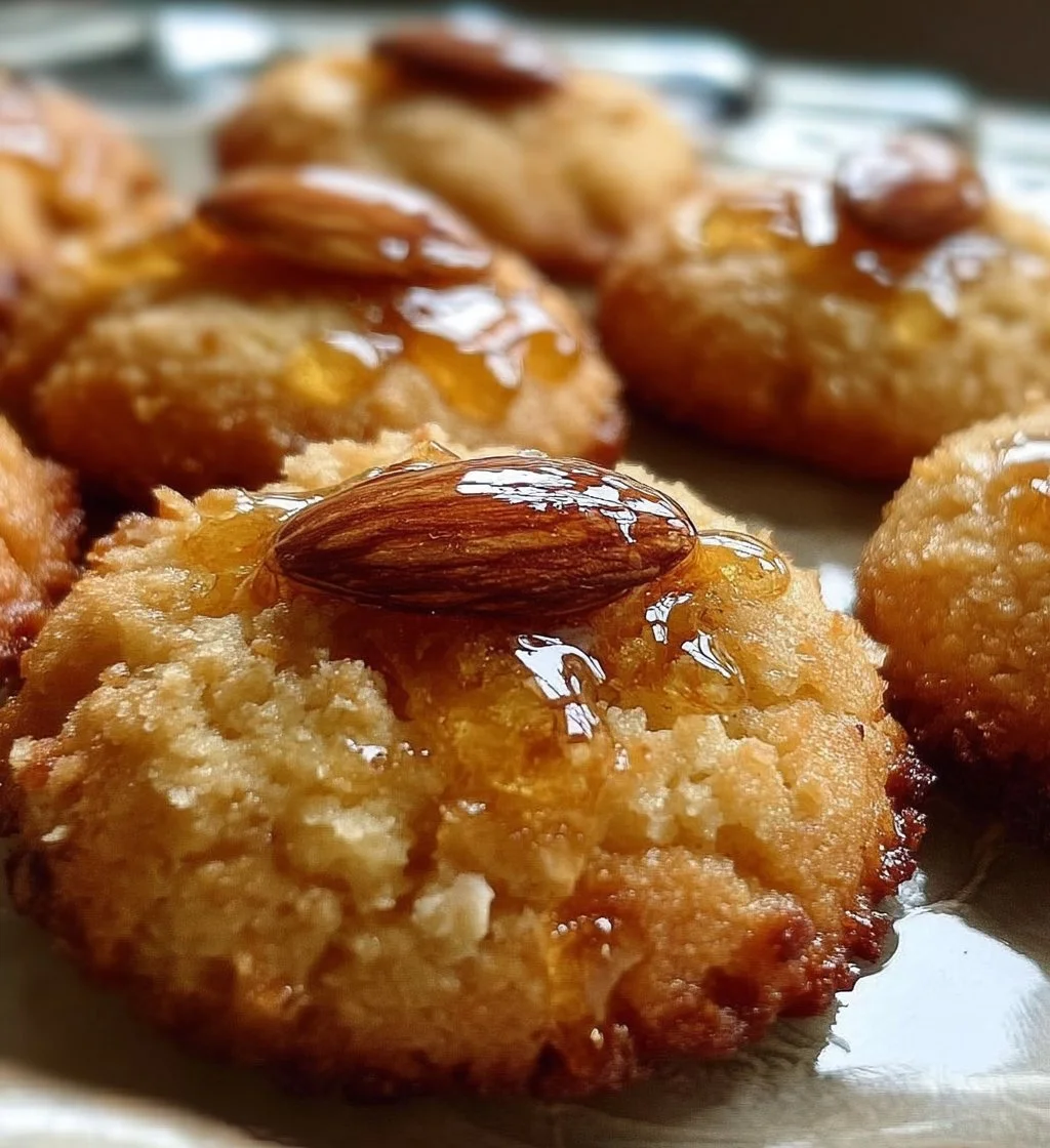 Ricotta honey almond cookies on a plate with a drizzle of honey