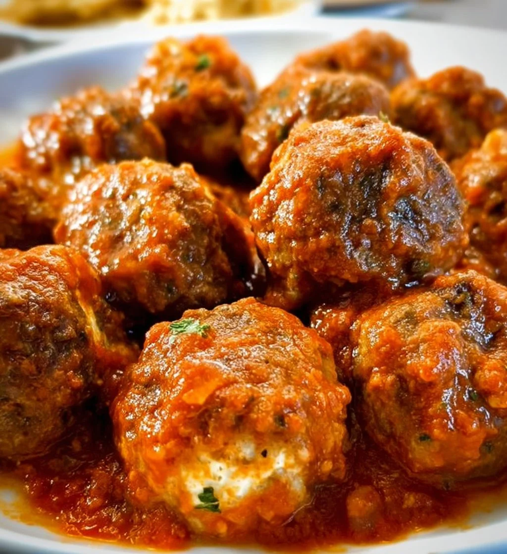 Plate of homemade ricotta meatballs served with fresh herbs and sauce