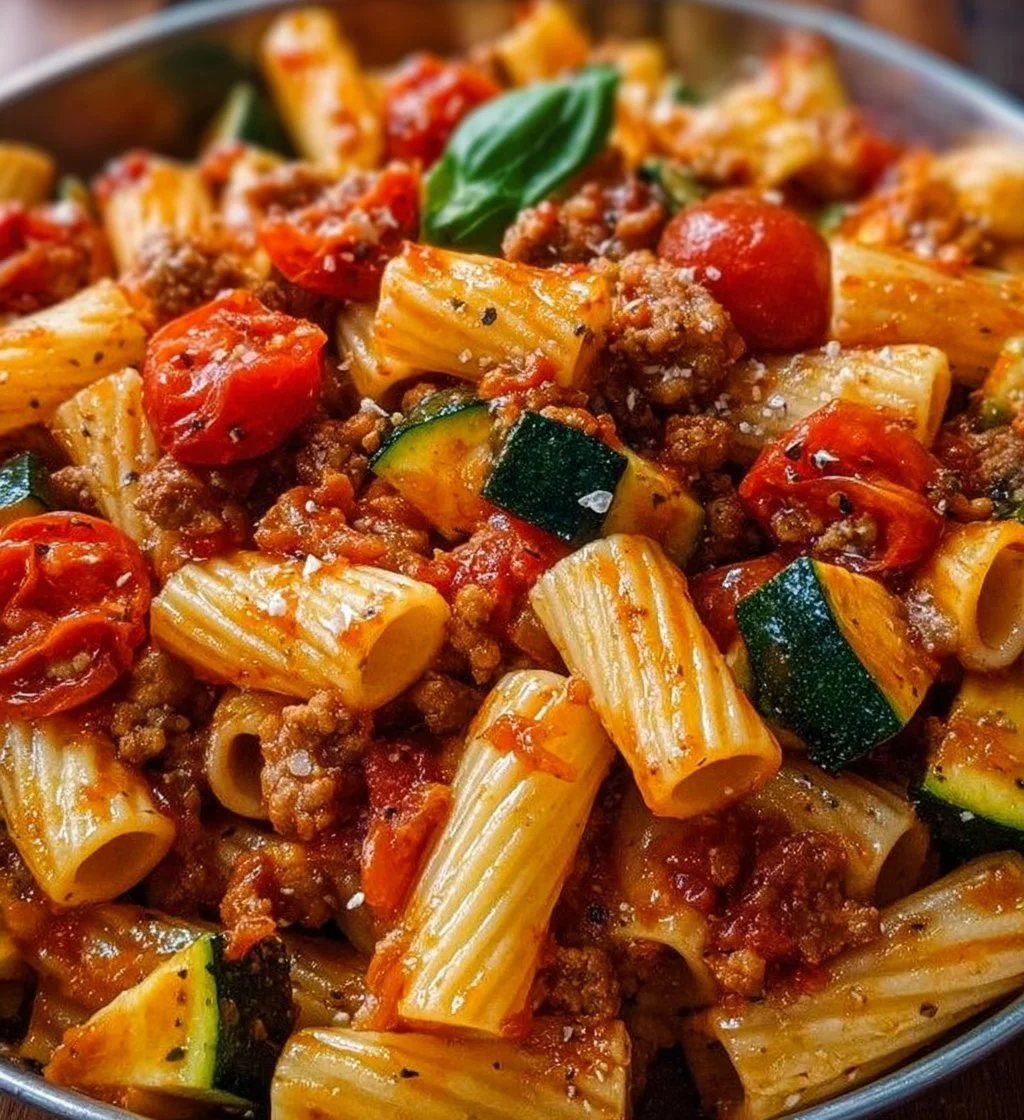 Plate of rigatoni con salsiccia with tomatoes and zucchini