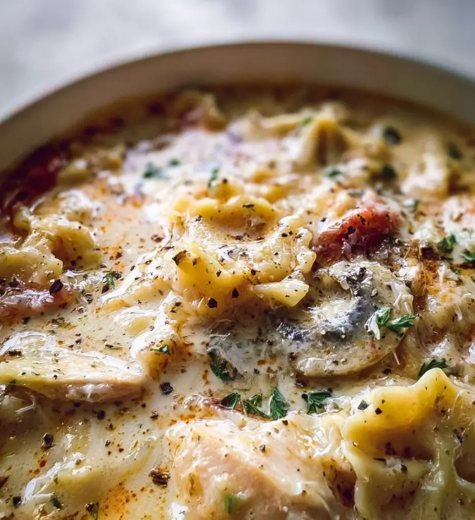 Roasted garlic white chicken lasagna soup in a bowl garnished with herbs