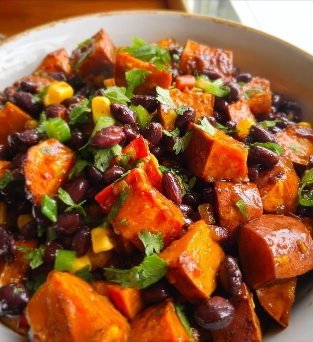 Roasted sweet potato black bean salad in a colorful bowl with fresh herbs