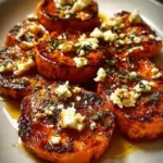 Roasted sweet potato rounds topped with honey and feta cheese