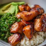 Salmon teriyaki bowl with glazed salmon and fresh vegetables
